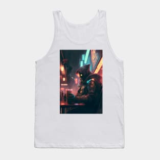 Cyberpunk Character Sipping on Coffee in a Neon Cafe Tank Top